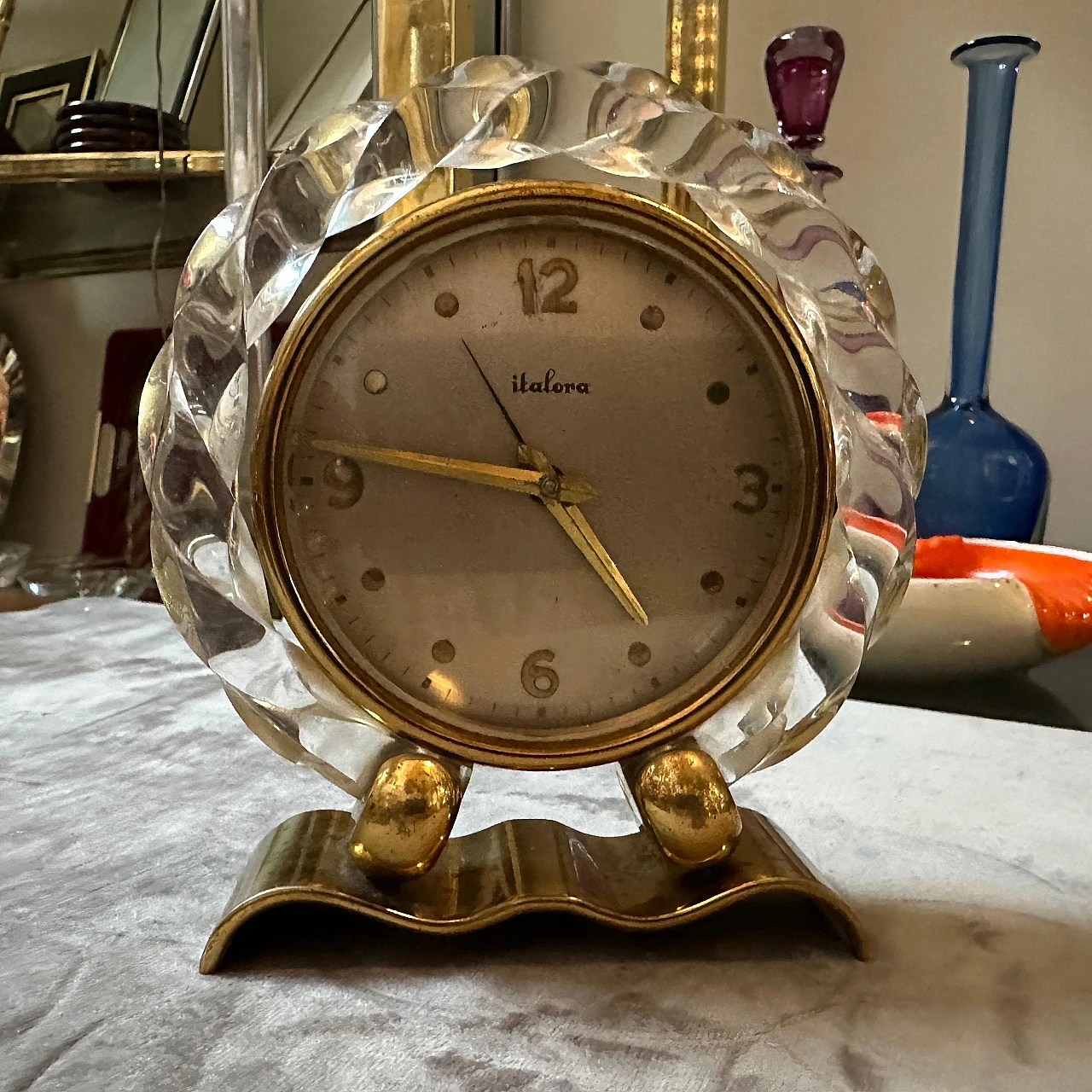 Brass and transparent lucite table alarm clock by Italora, 1950s 4