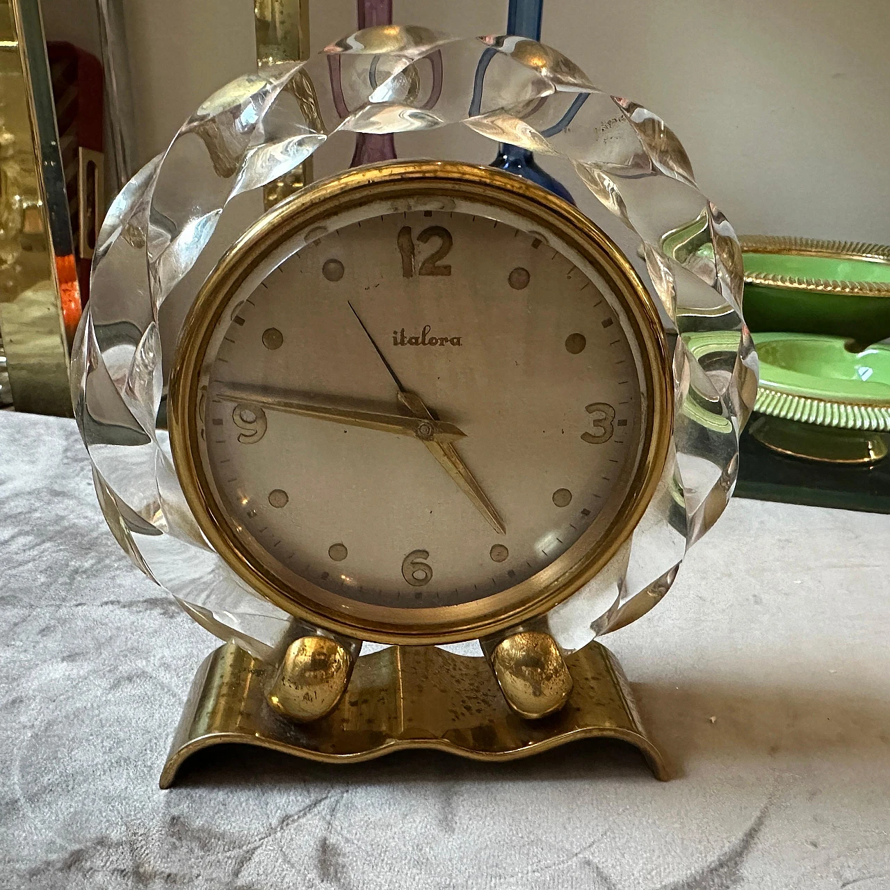 Brass and transparent lucite table alarm clock by Italora, 1950s 7