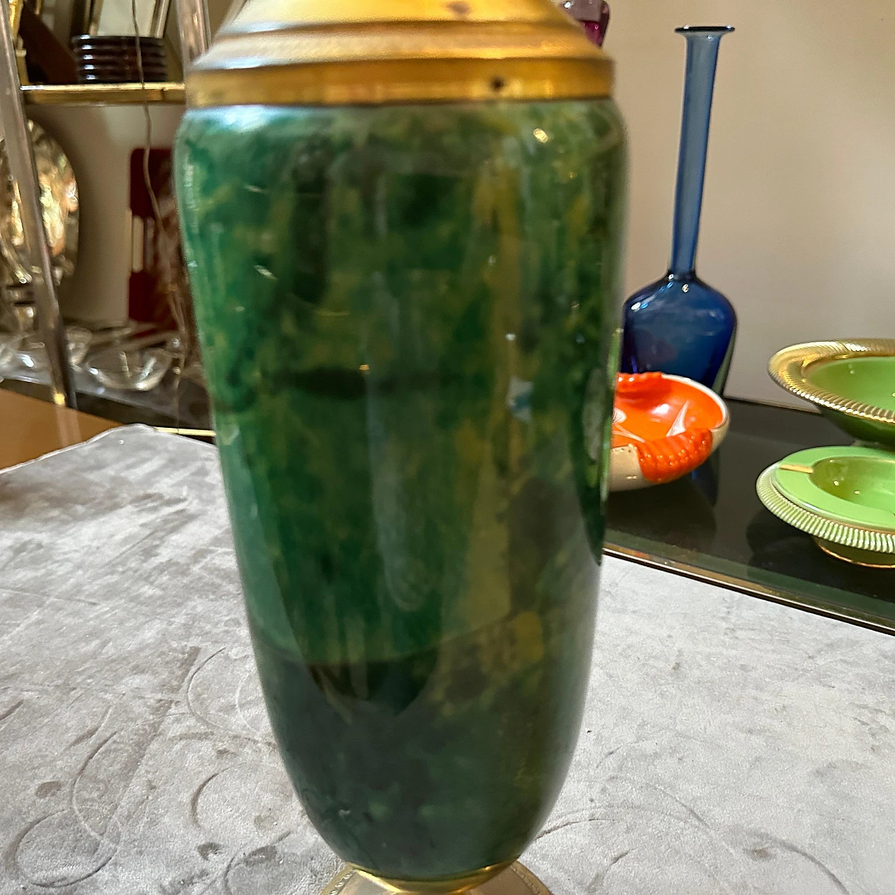 Thermos in pelle di capra verde e ottone di Aldo Tura, anni '50 7