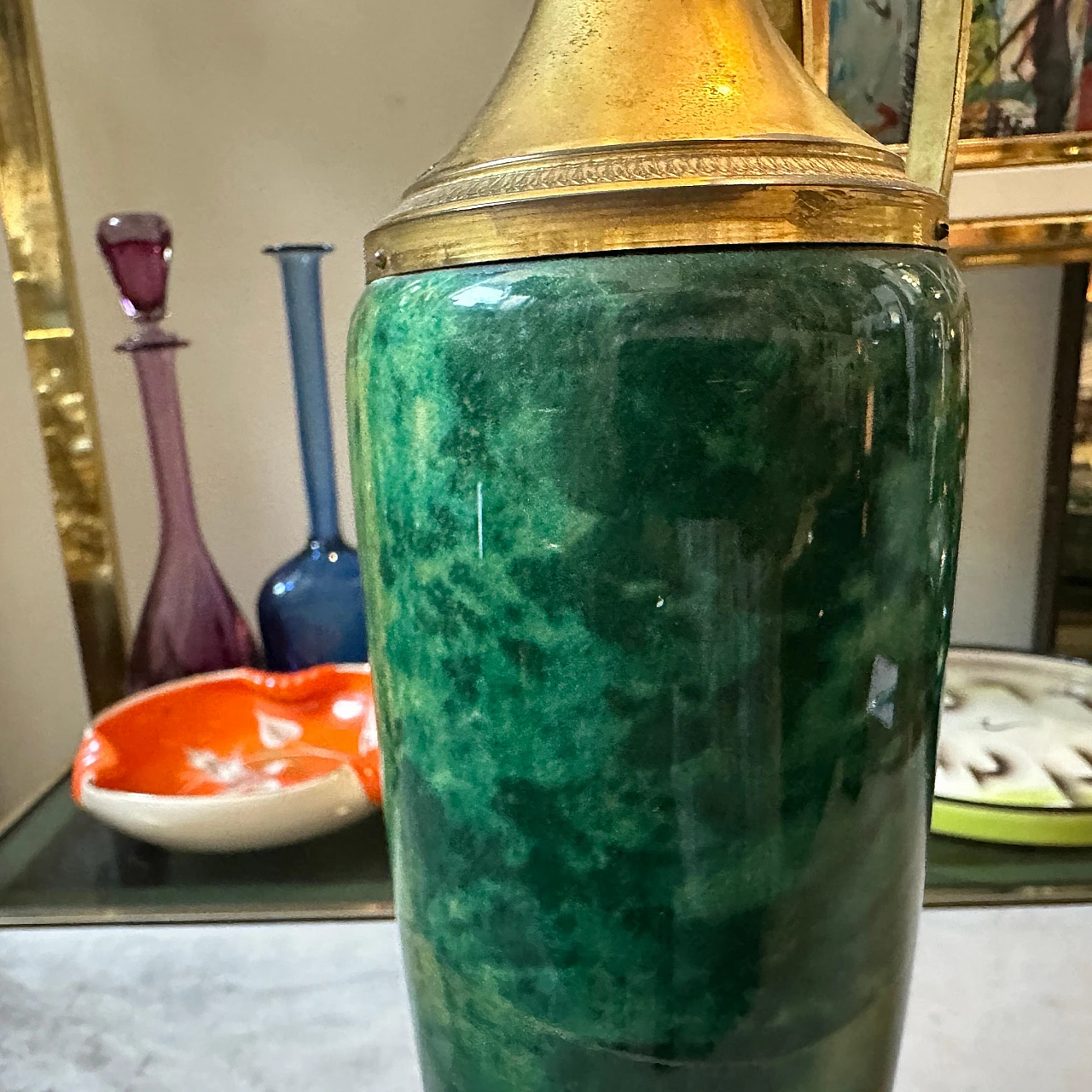 Thermos in pelle di capra verde e ottone di Aldo Tura, anni '50 11