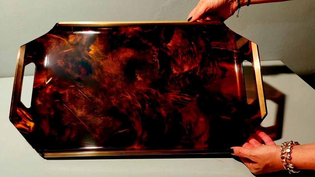 Brass and tortoiseshell plexiglass tray, 1980s 18