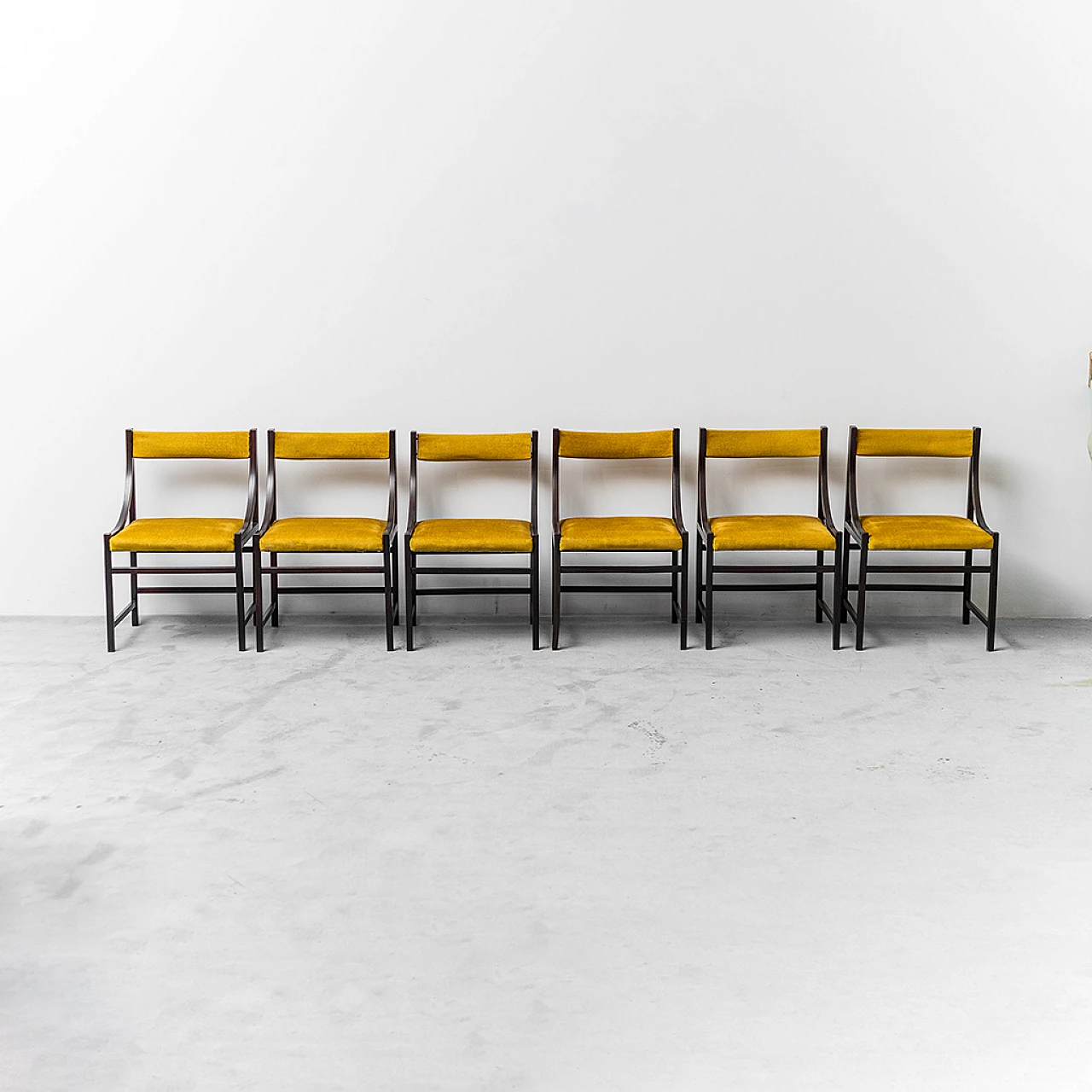 6 Wood and yellow fabric chairs, 1960s 1