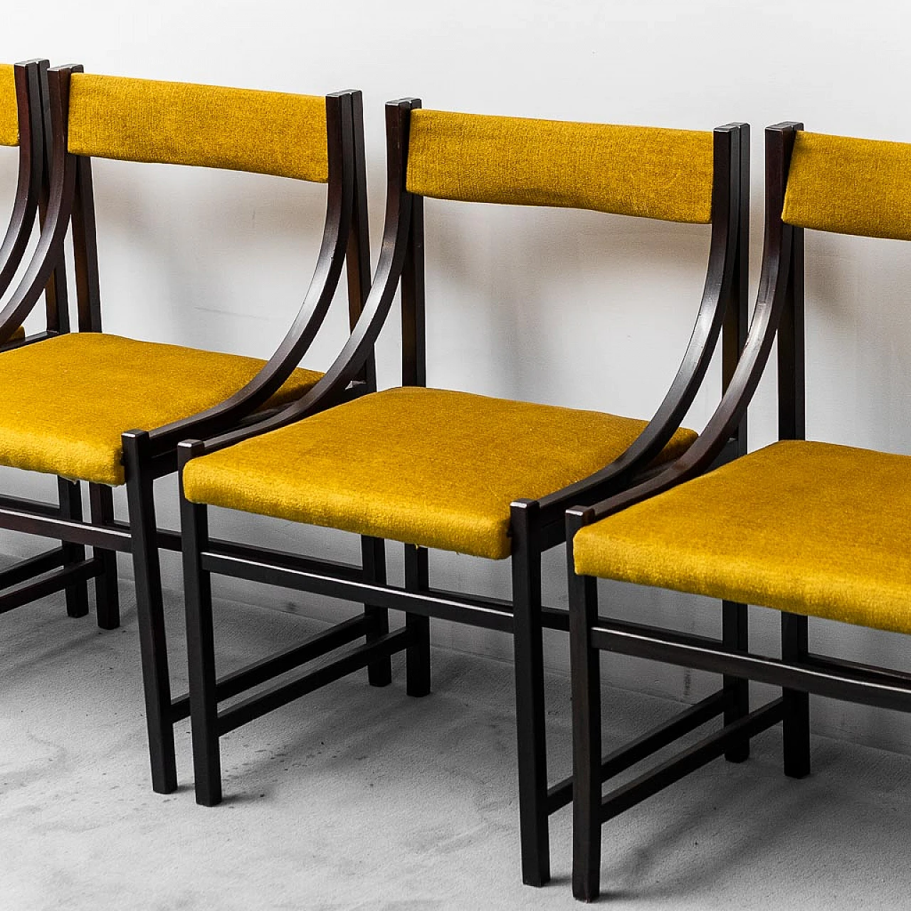 6 Wood and yellow fabric chairs, 1960s 2