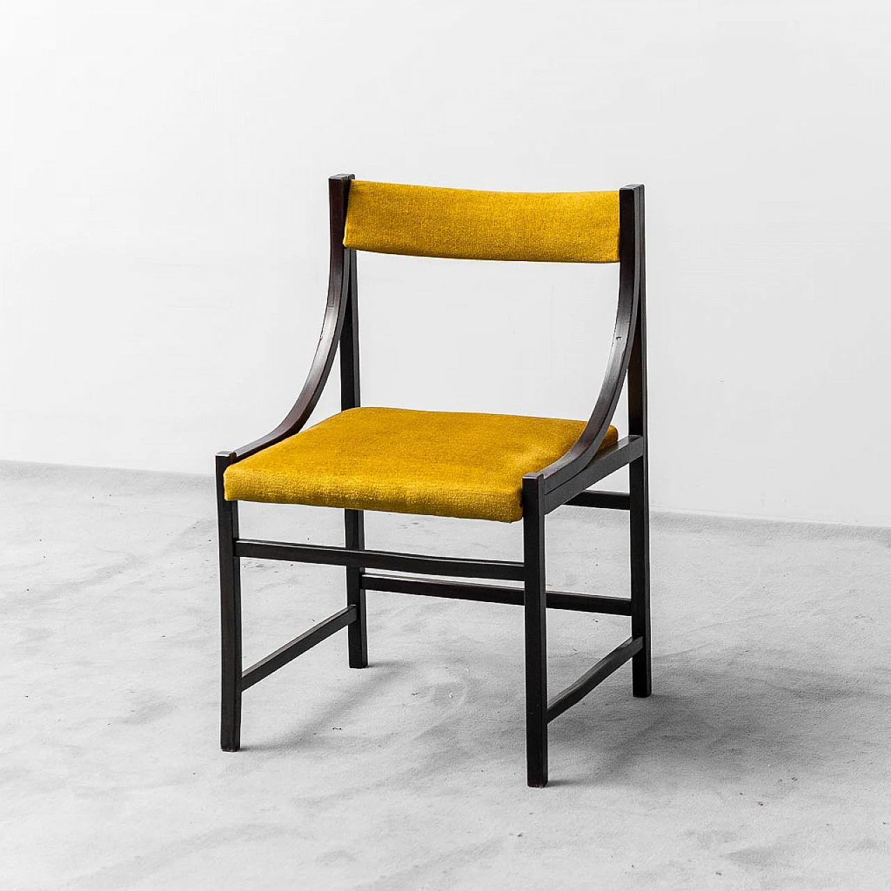 6 Wood and yellow fabric chairs, 1960s 3