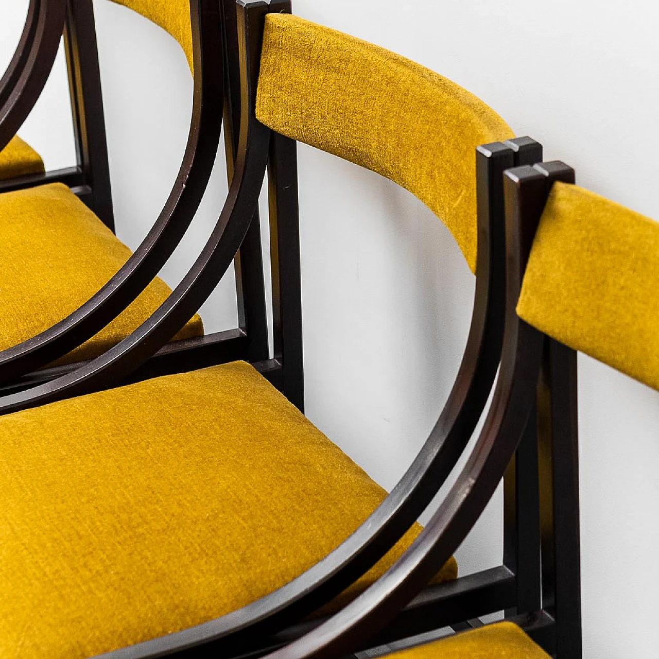 6 Wood and yellow fabric chairs, 1960s 7