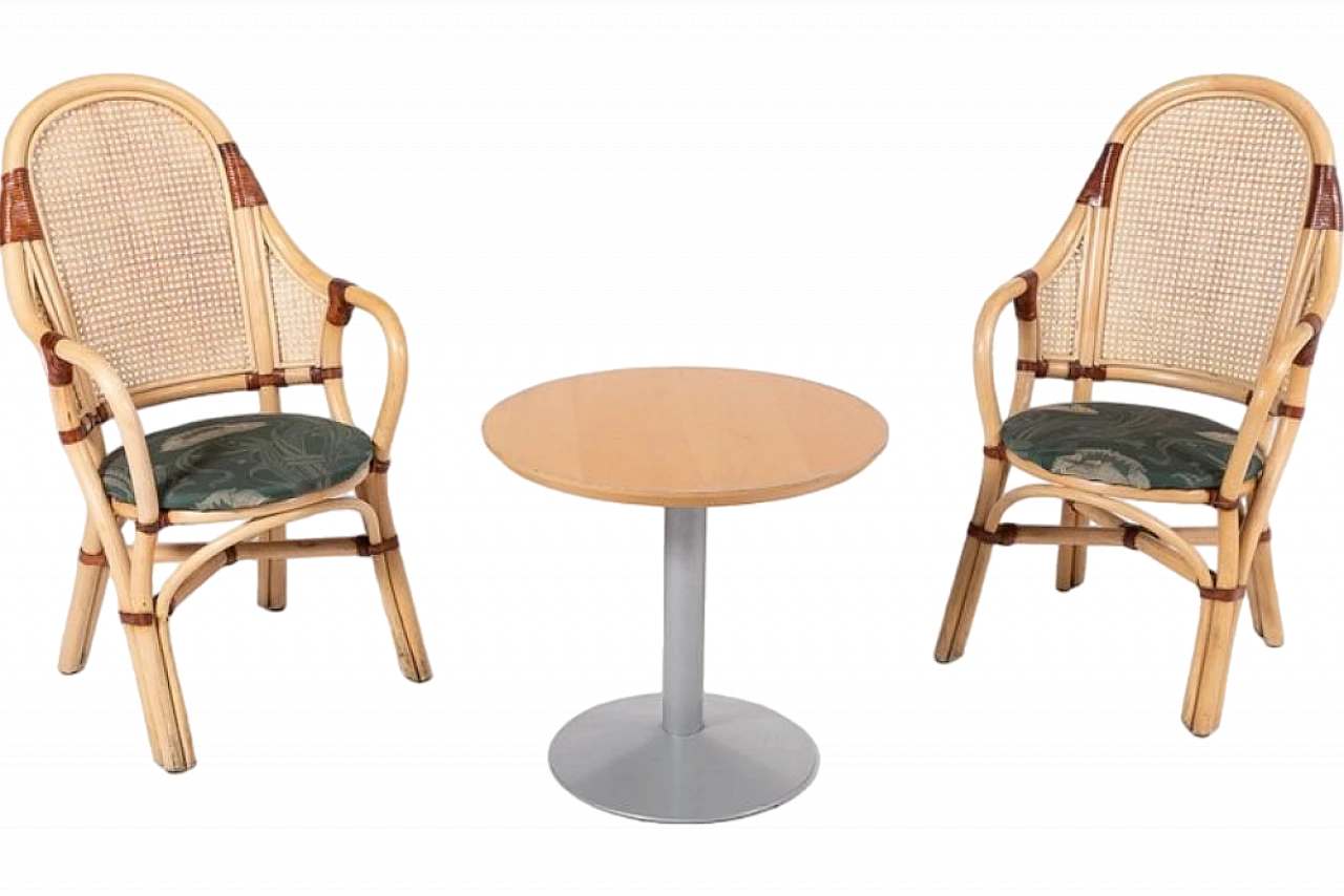 Rattan & bamboo chairs with leather details and table, 1970s 13