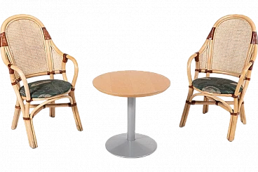 Rattan & bamboo chairs with leather details and table, 1970s