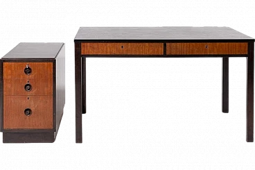 Scandinavian desk with drawers unit in walnut veneer, 1960s