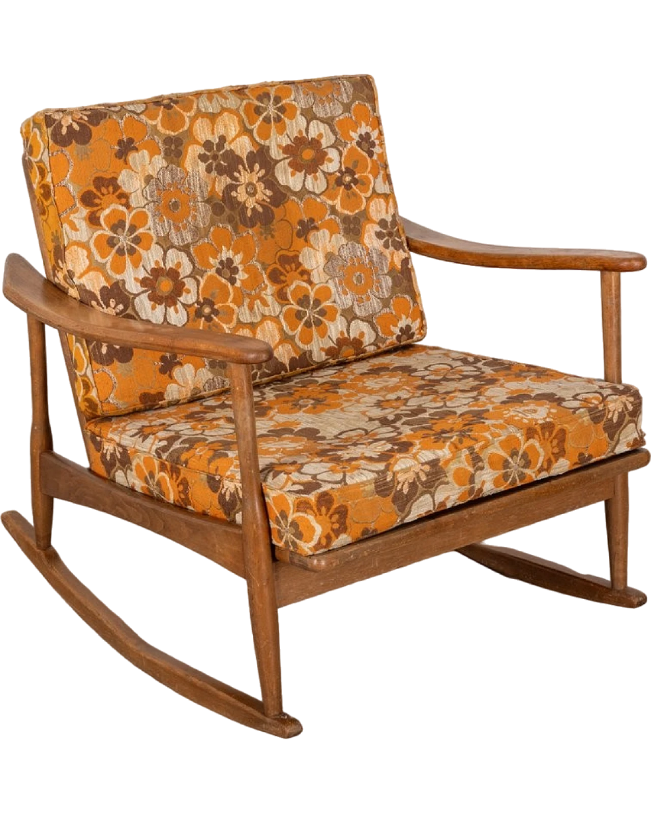 Rocking chair in wood with floral-themed fabric, 1960s 9