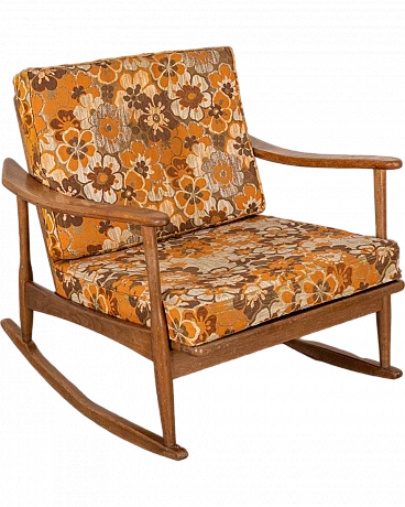 Rocking chair in wood with floral-themed fabric, 1960s