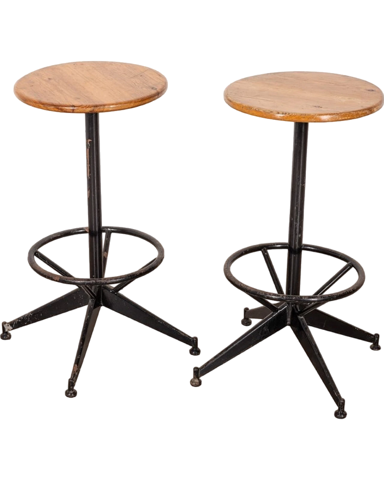 Pair of adjustable stools with wooden seat & metal structure, 1960s 8