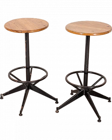 Pair of adjustable stools with wooden seat & metal structure, 1960s