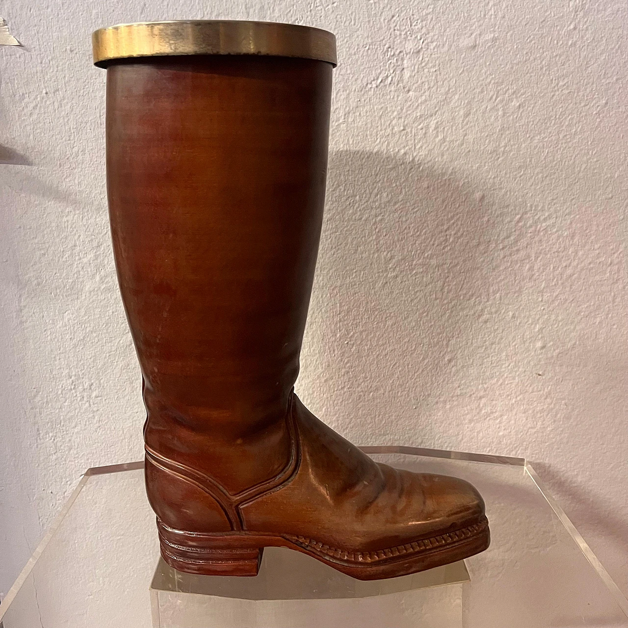 Solid wood and brass boot-shaped cane holder, 1940s 2