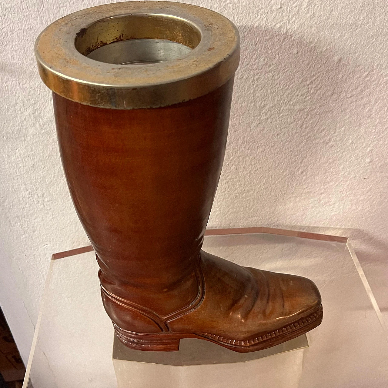 Solid wood and brass boot-shaped cane holder, 1940s 3