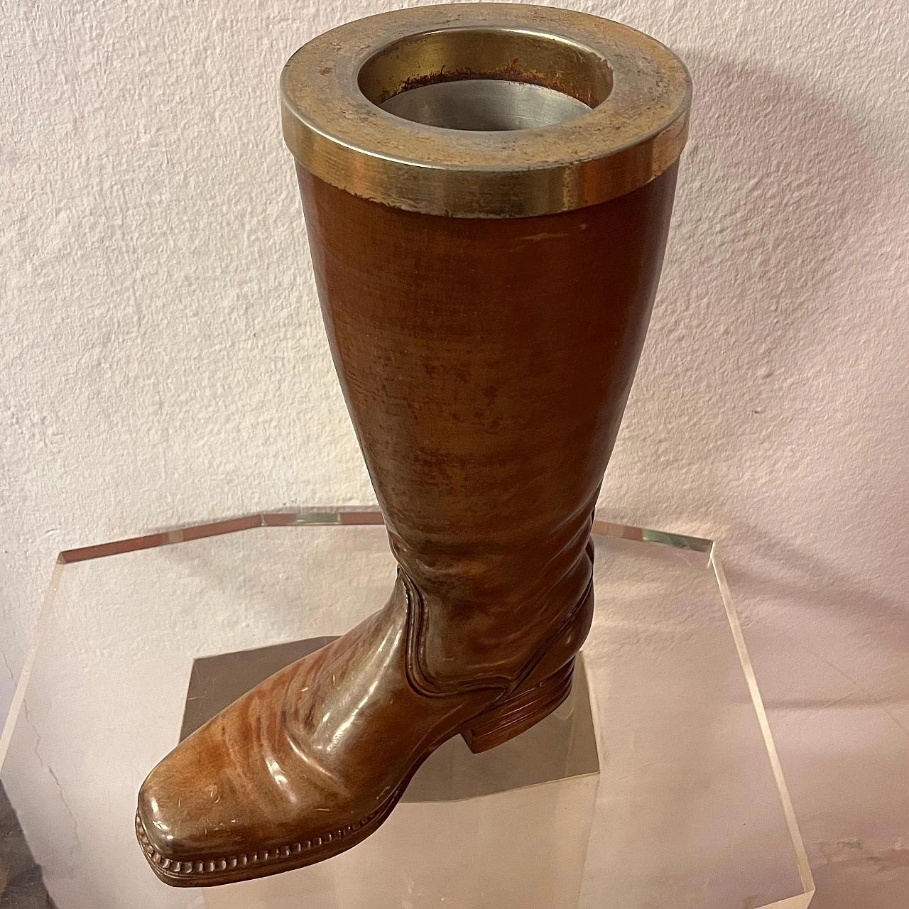 Solid wood and brass boot-shaped cane holder, 1940s 4