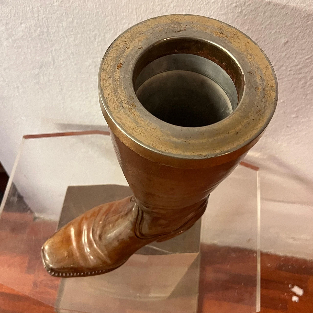 Solid wood and brass boot-shaped cane holder, 1940s 5