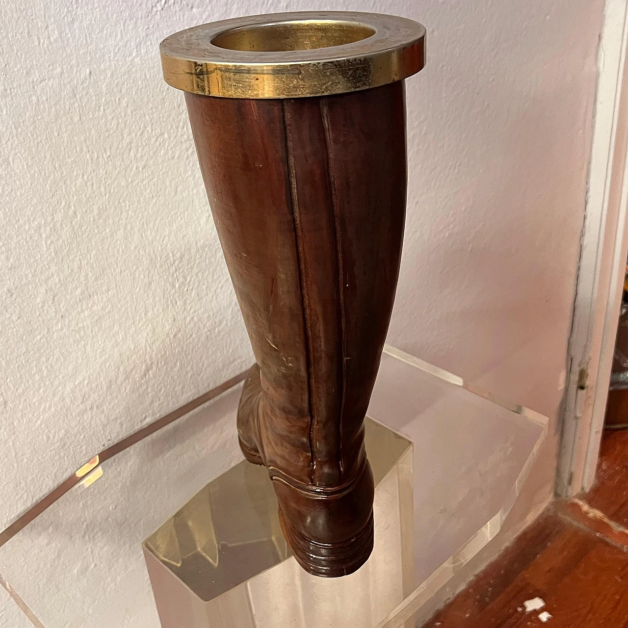 Solid wood and brass boot-shaped cane holder, 1940s 6