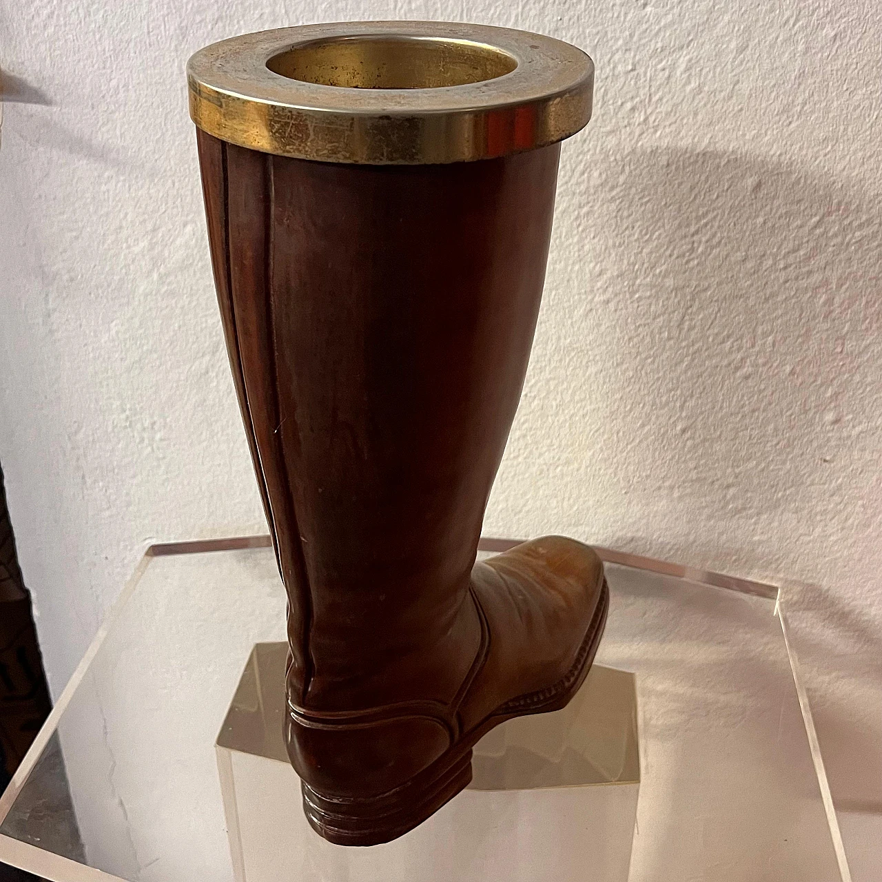 Solid wood and brass boot-shaped cane holder, 1940s 7