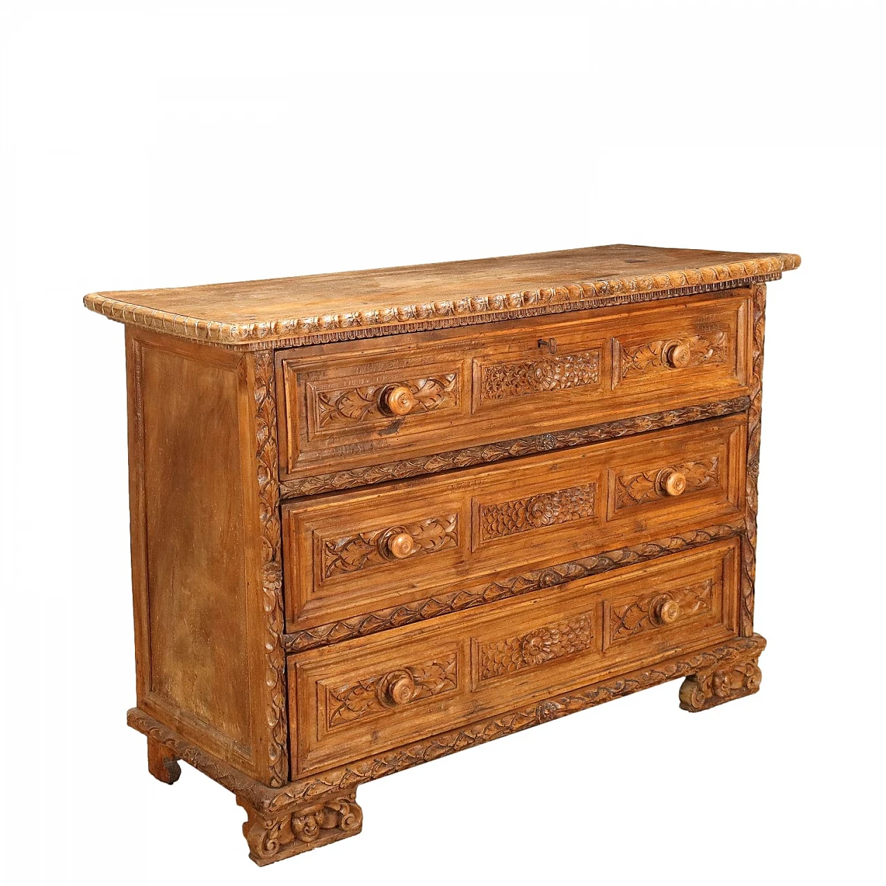 Baroque walnut dresser with 3 drawers and carved panels, 17th century 1