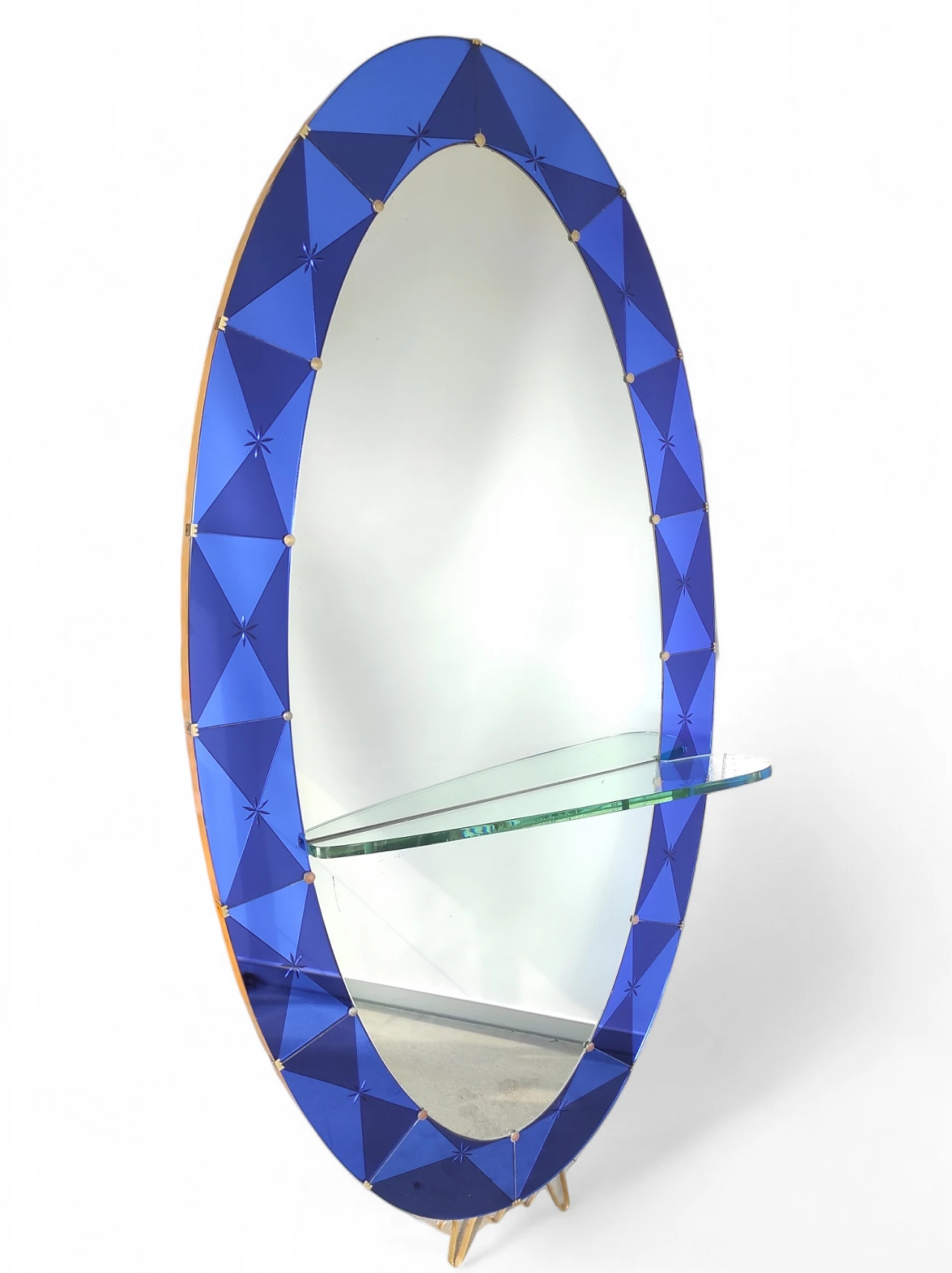 Oval brass and blue crystal mirror, 1950s 7