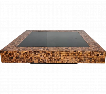 Square coffee table in olive wood & black glass by Sandro Petti, 1980s