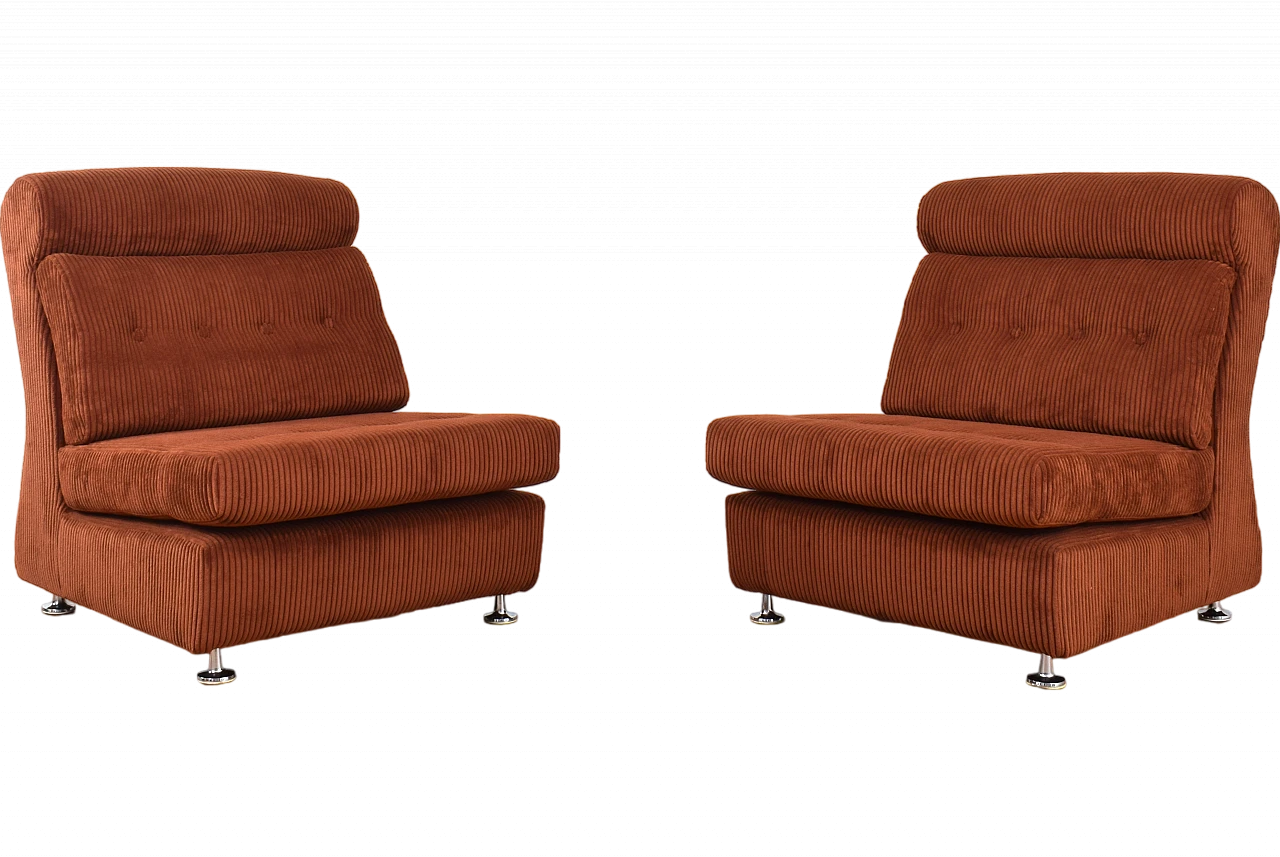 Pair of modular armchairs in brown courdroy & metal, 1970s 17