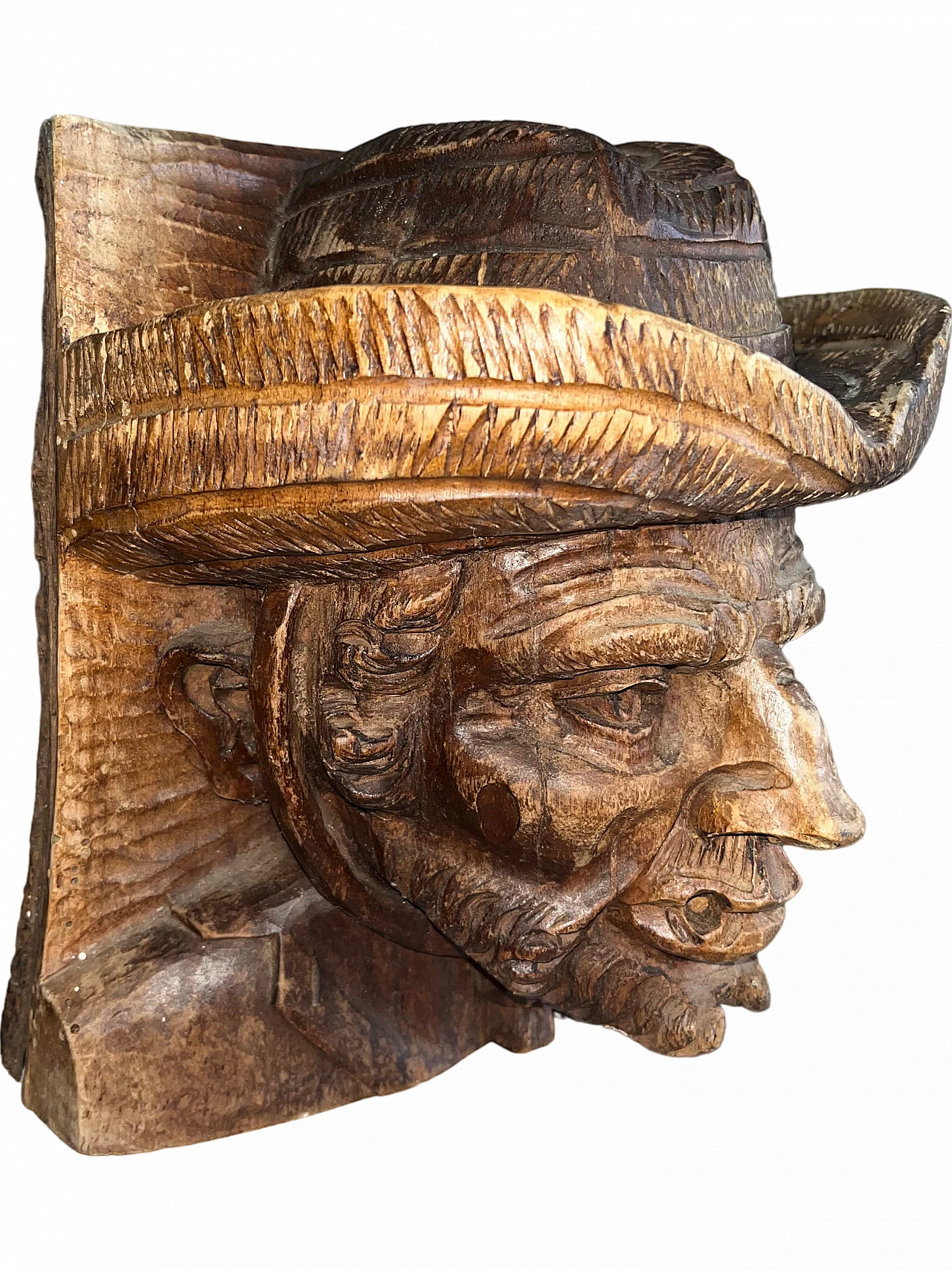 Elderly man with hat, hand carved wooden sculpture 6