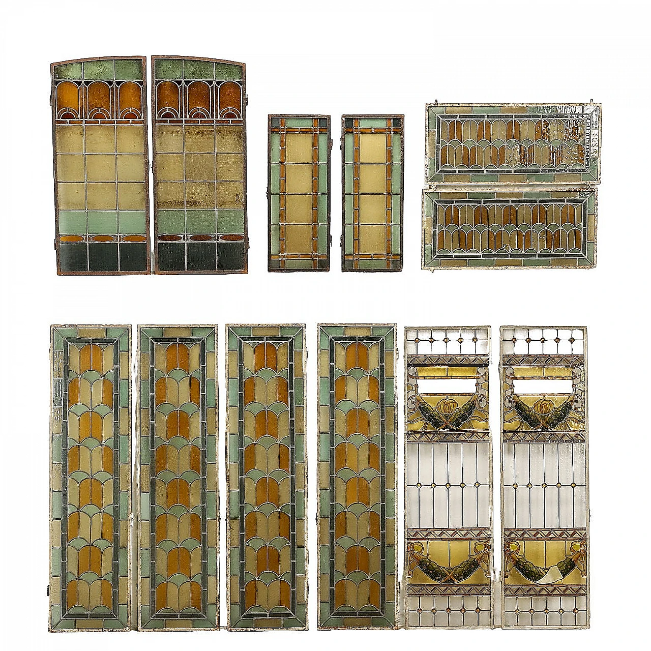 12 Art Nouveau stained and leaded glass windows, late 19th century 1