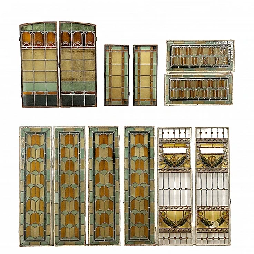 12 Art Nouveau stained and leaded glass windows, late 19th century