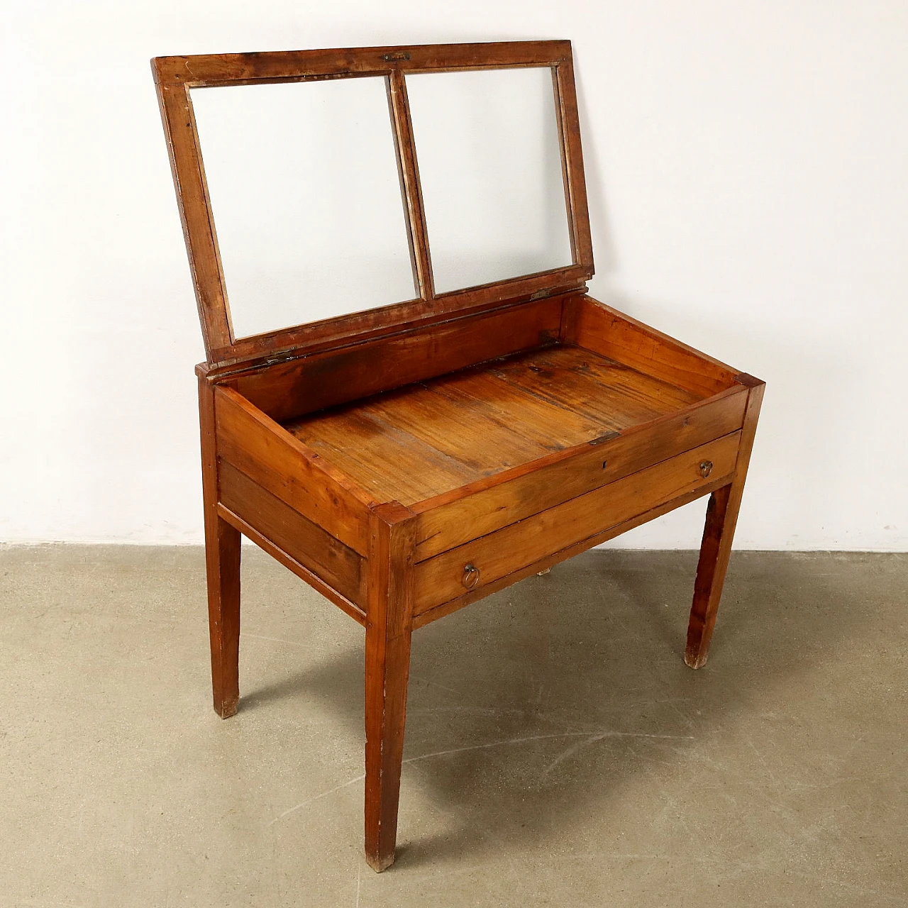 Stained poplar table with drawer and glass case, 19th century 4