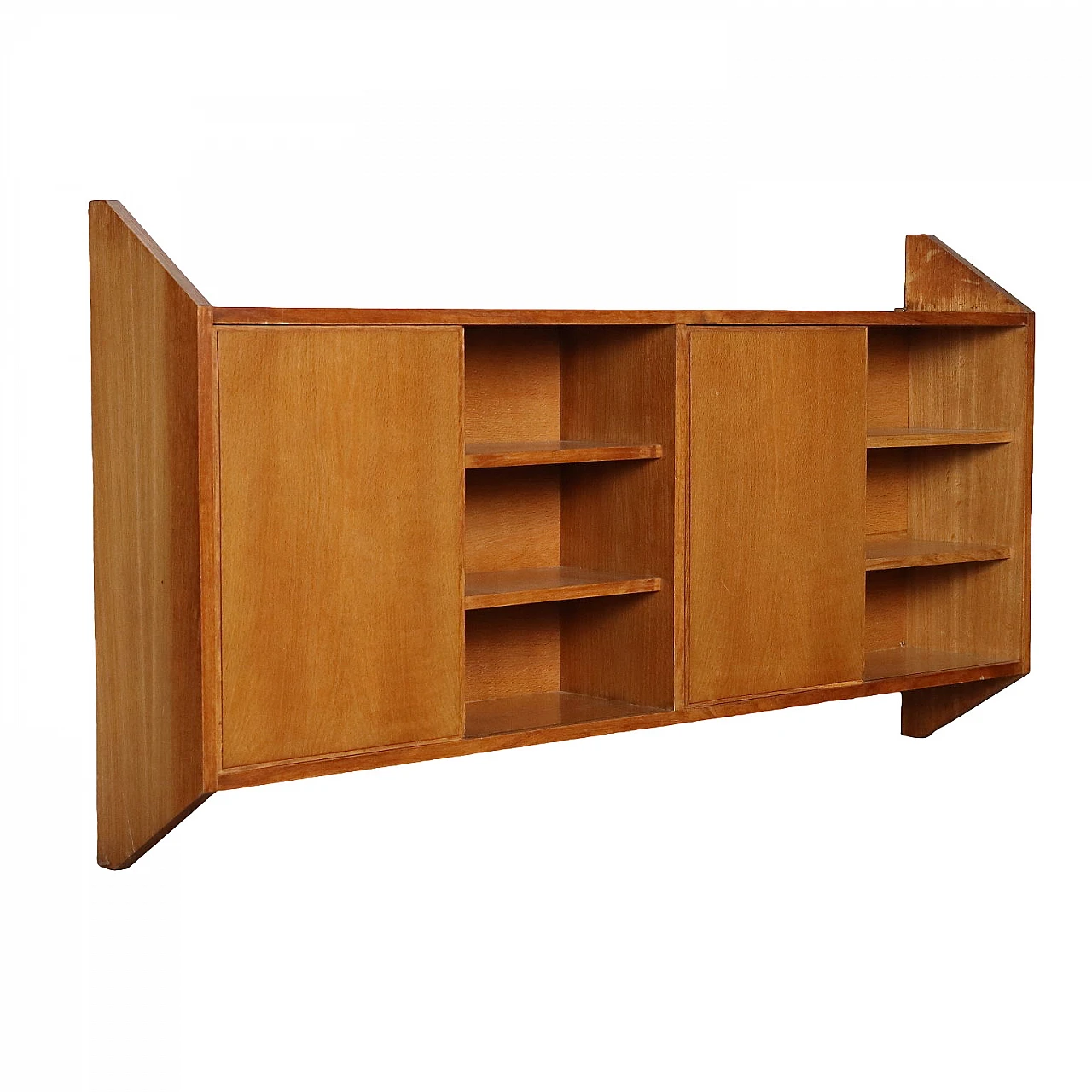 Oak veneered wooden sideboard with sliding doors and open compartments, 1950s 1