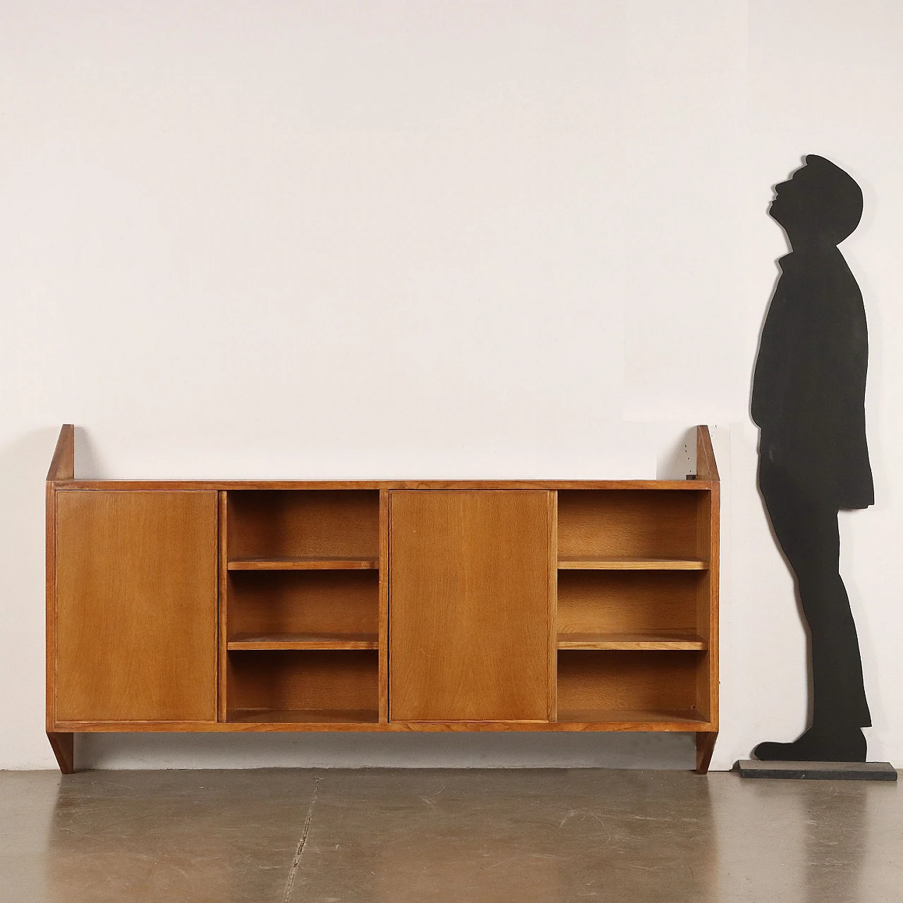 Oak veneered wooden sideboard with sliding doors and open compartments, 1950s 2