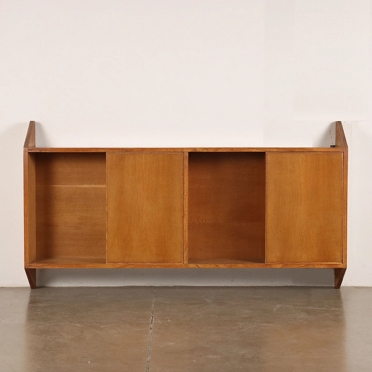 Oak veneered wooden sideboard with sliding doors and open compartments, 1950s 3