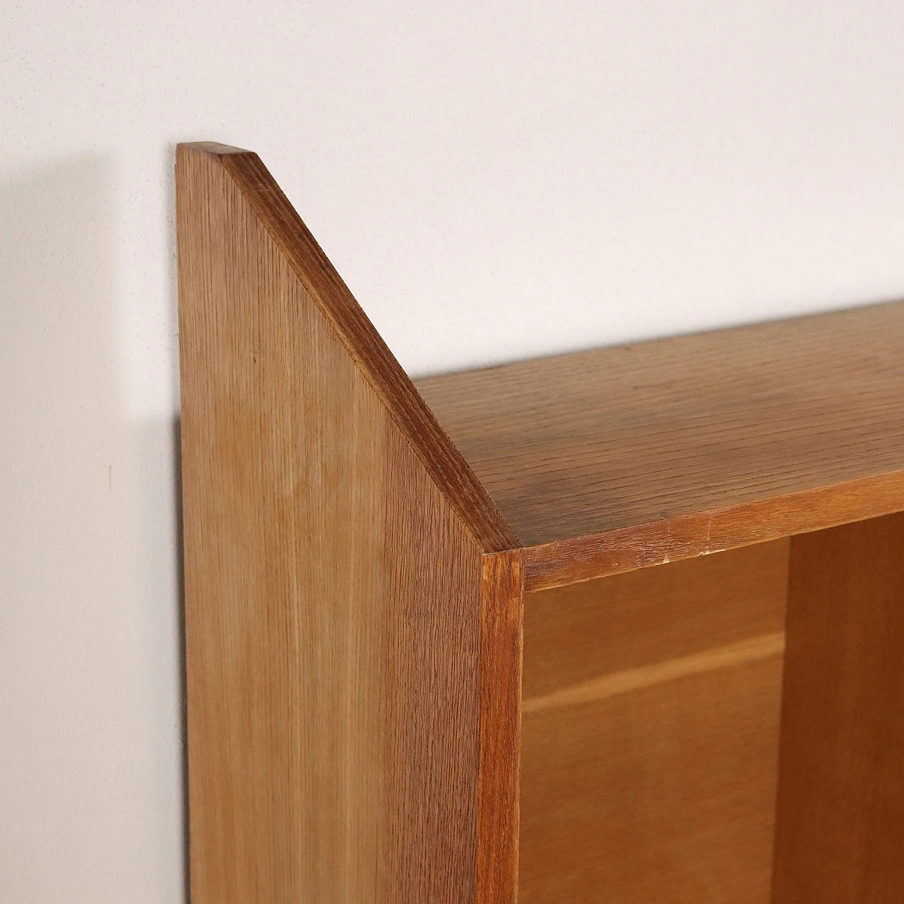 Oak veneered wooden sideboard with sliding doors and open compartments, 1950s 4