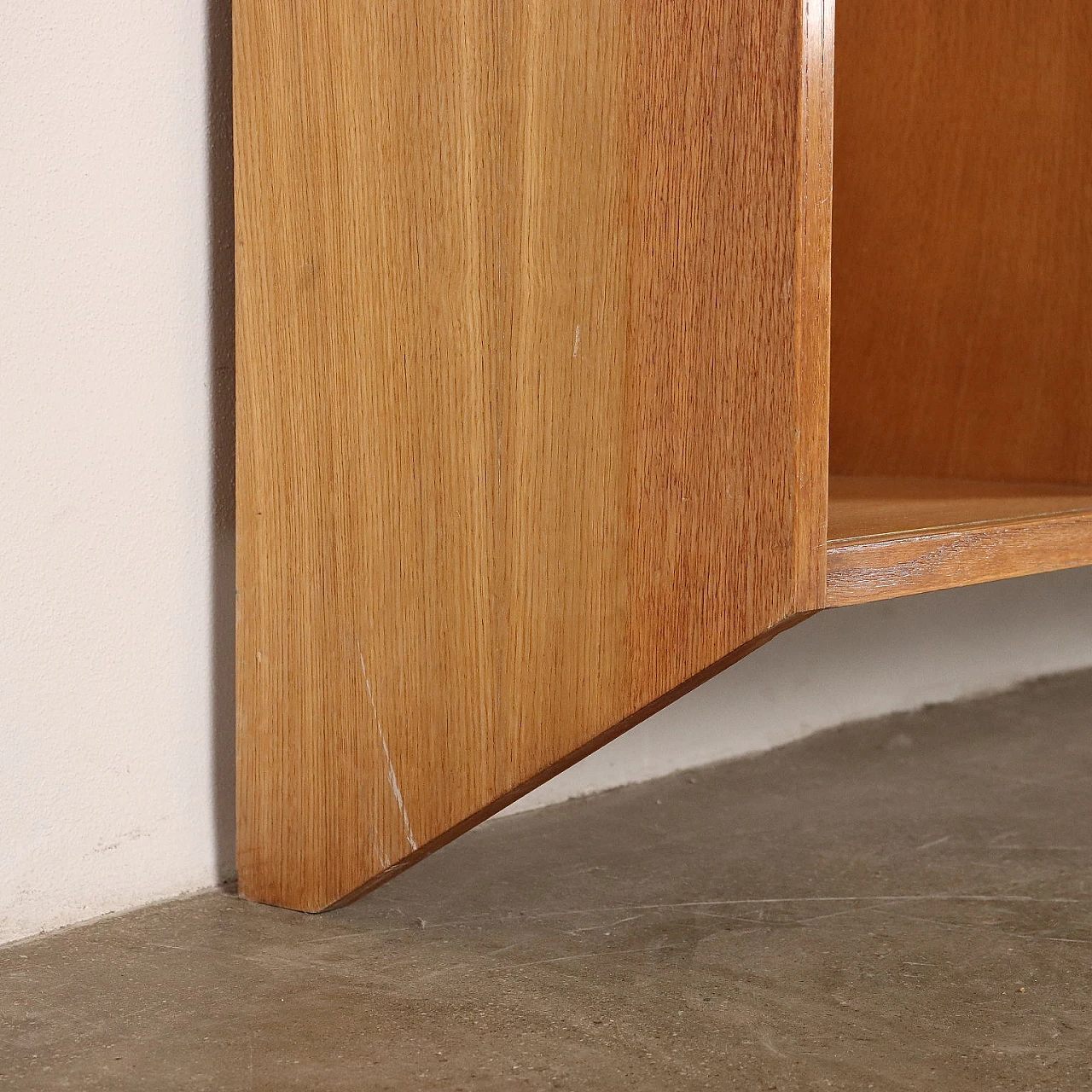 Oak veneered wooden sideboard with sliding doors and open compartments, 1950s 7