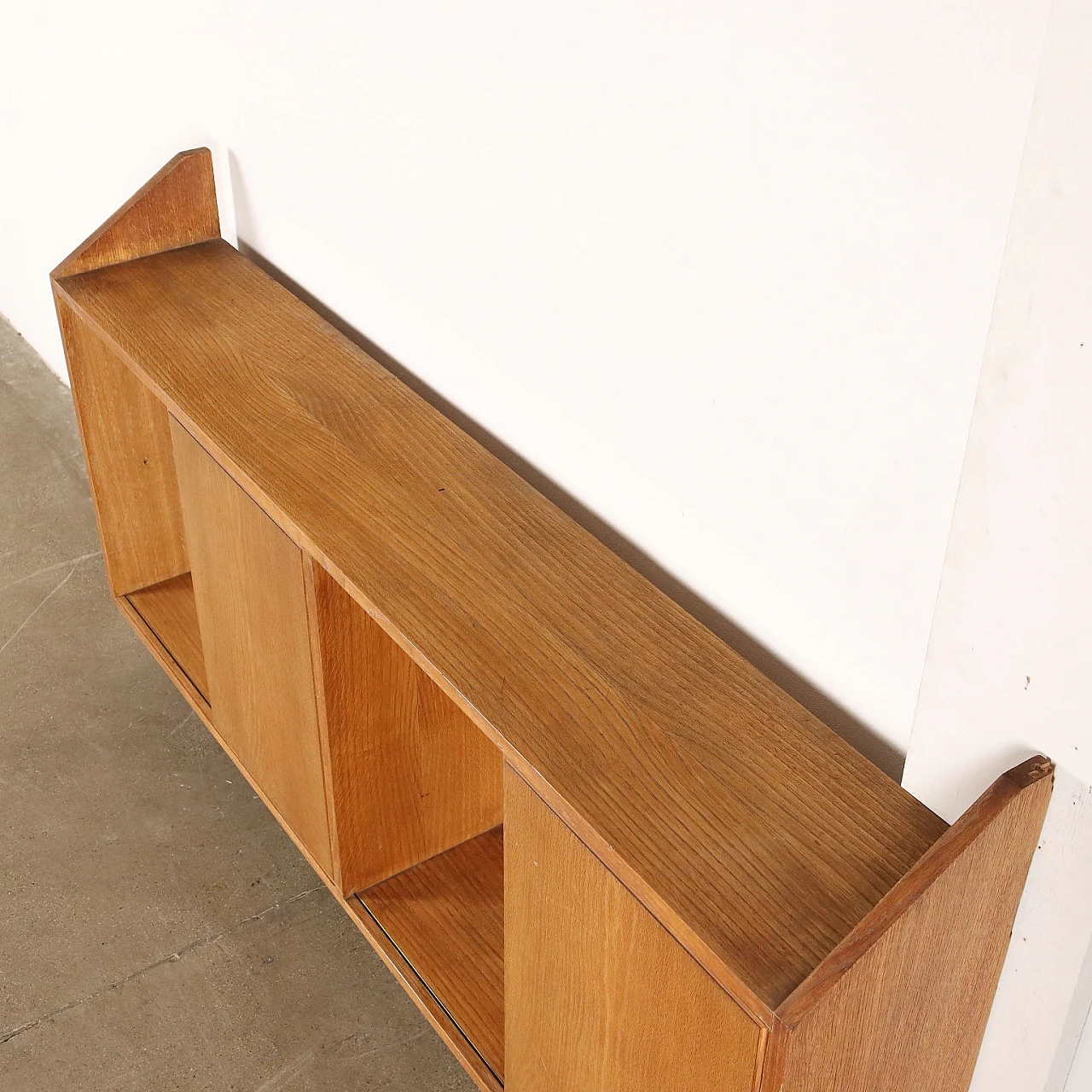 Oak veneered wooden sideboard with sliding doors and open compartments, 1950s 8