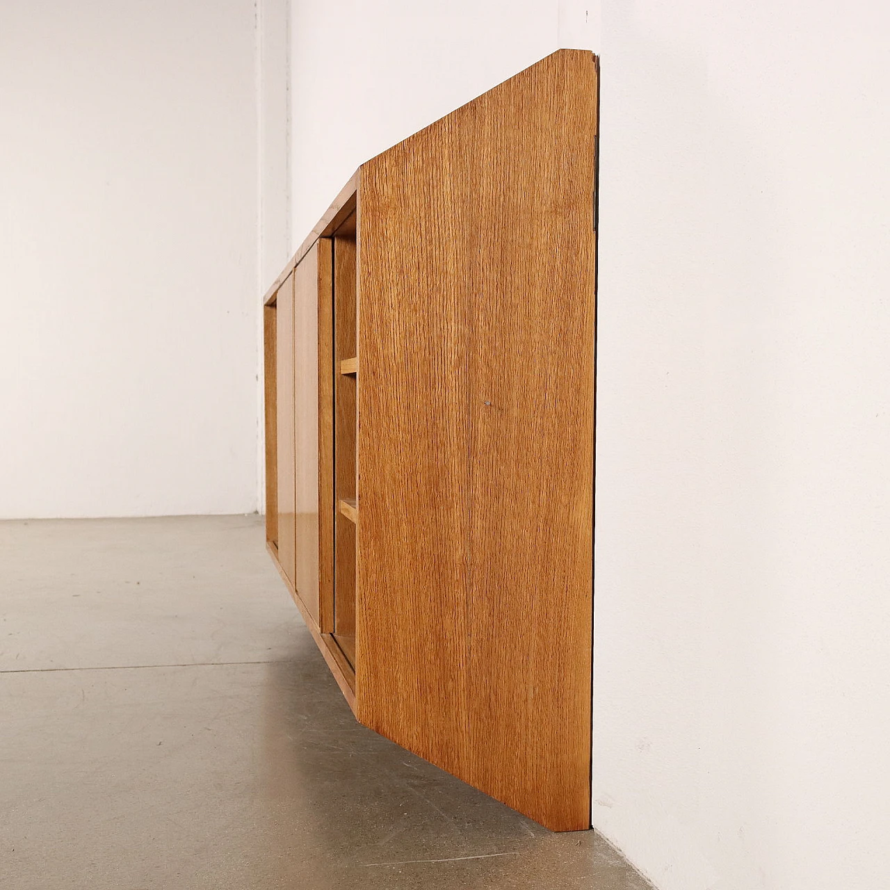 Oak veneered wooden sideboard with sliding doors and open compartments, 1950s 9