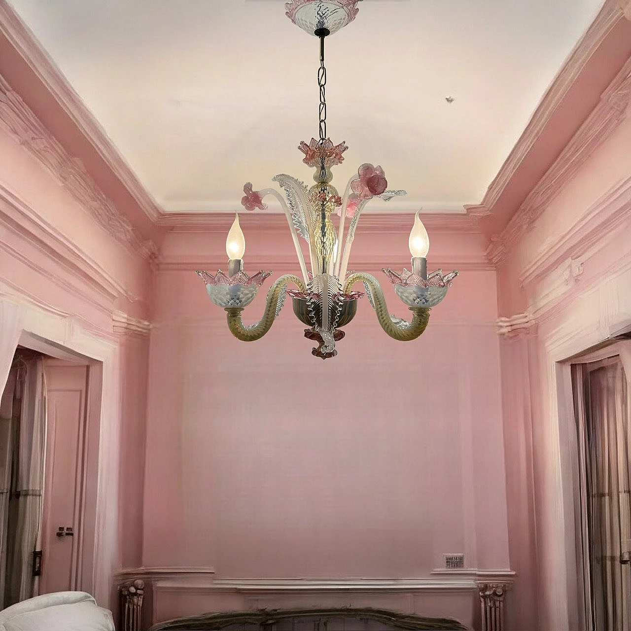 Venetian pink opalescent Murano glass chandelier, 1960s 2