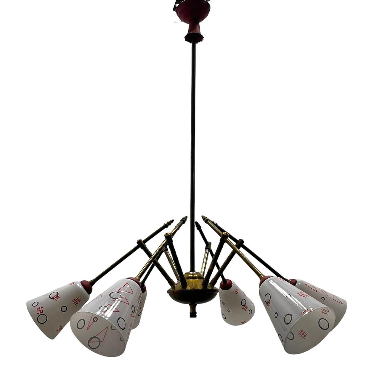 Bronze chandelier with geometrically patterned lampshades, 1950s 1