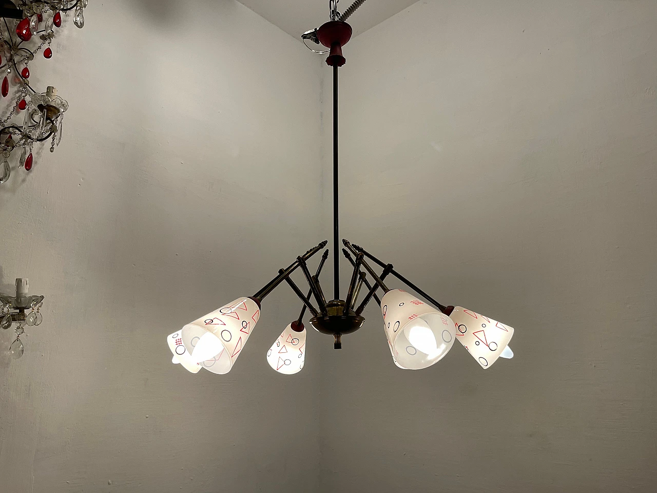 Bronze chandelier with geometrically patterned lampshades, 1950s 4