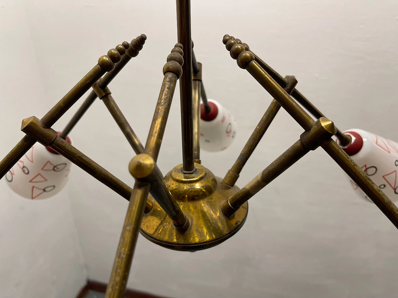 Bronze chandelier with geometrically patterned lampshades, 1950s 6