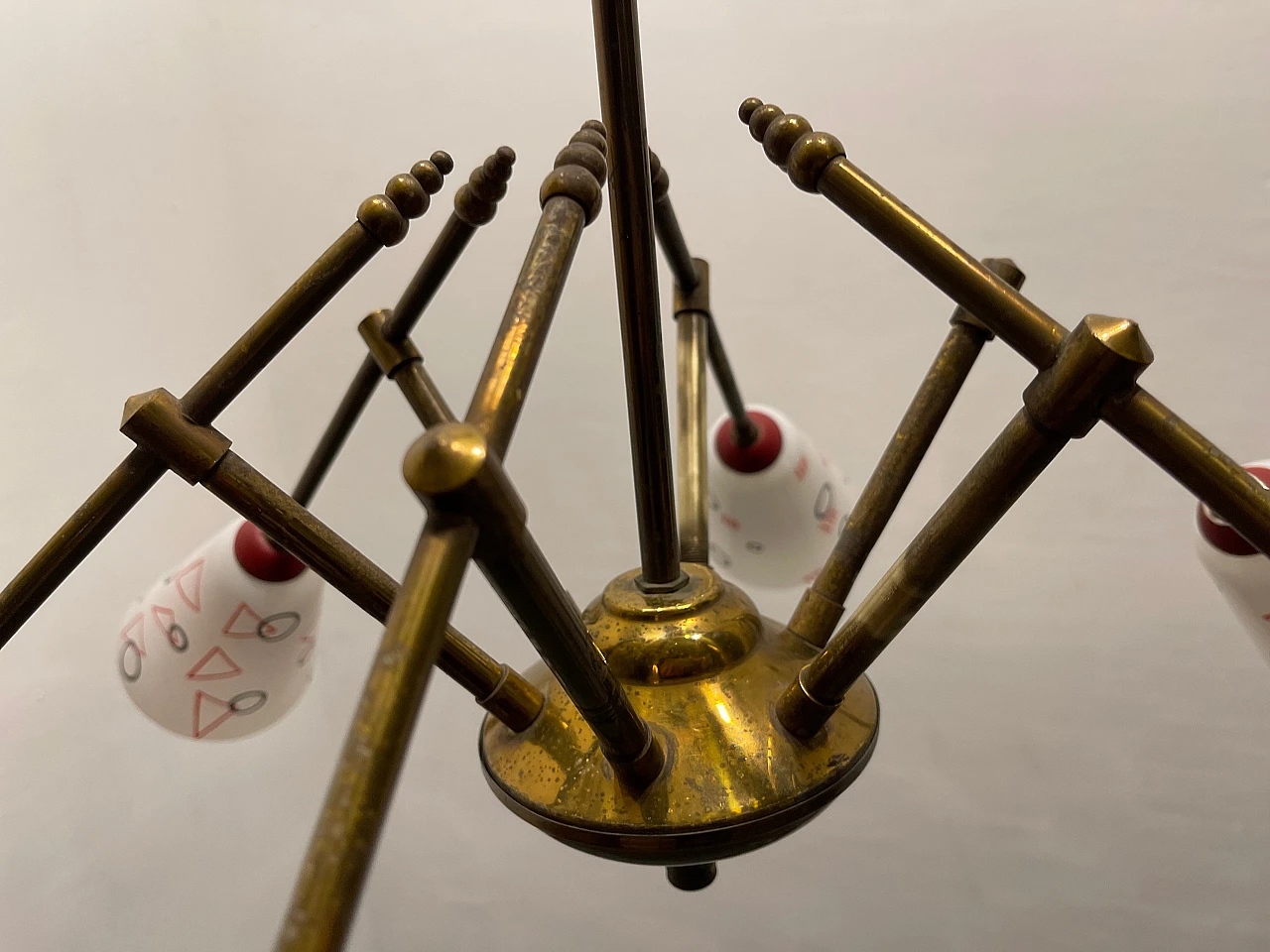 Bronze chandelier with geometrically patterned lampshades, 1950s 8