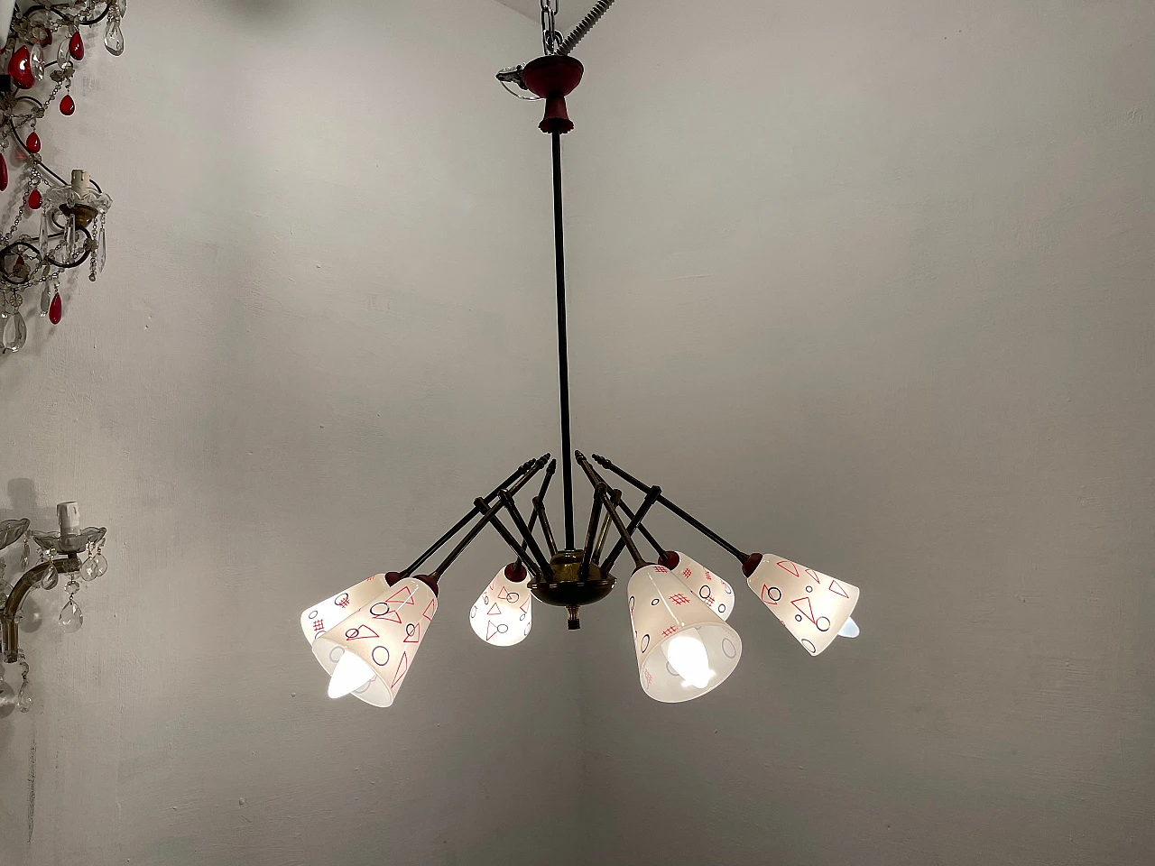 Bronze chandelier with geometrically patterned lampshades, 1950s 13