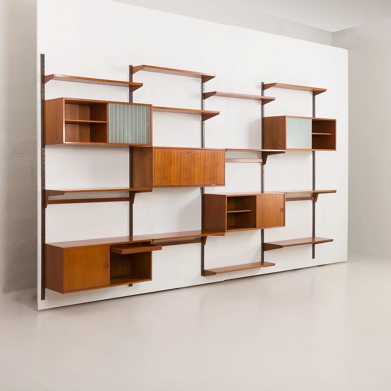 Four-bay teak wall unit by K. Kristiansen for FM Mobler, 1960s 4