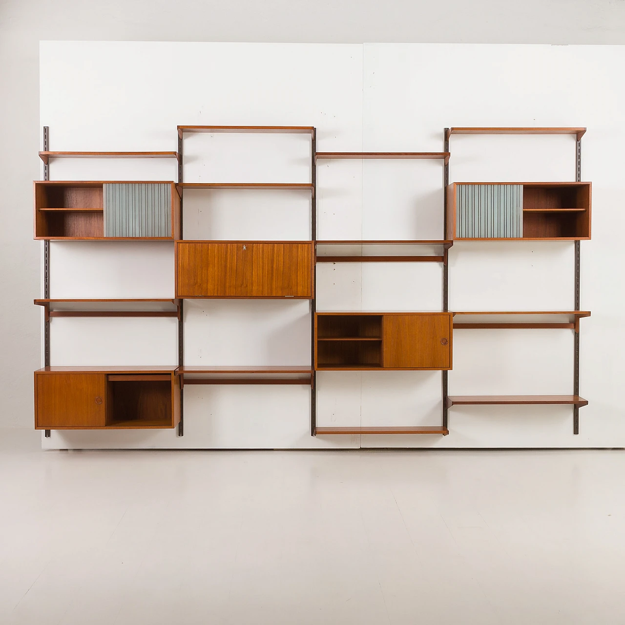 Four-bay teak wall unit by K. Kristiansen for FM Mobler, 1960s 5