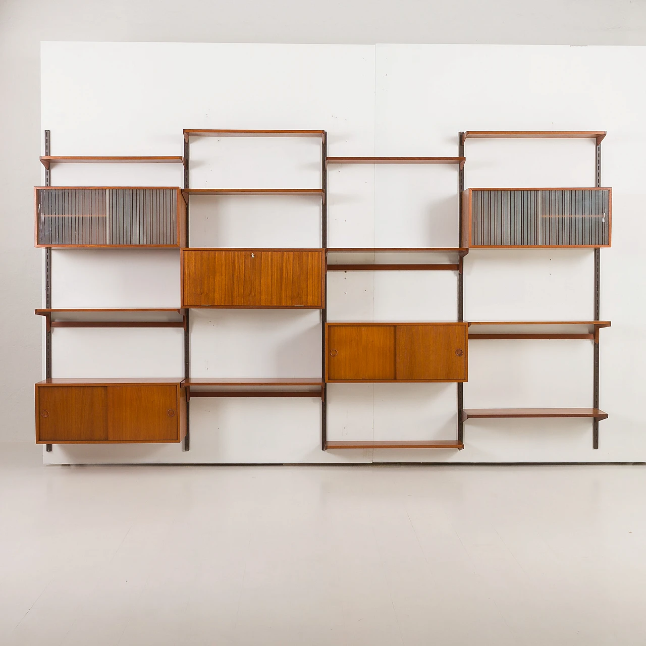 Four-bay teak wall unit by K. Kristiansen for FM Mobler, 1960s 7