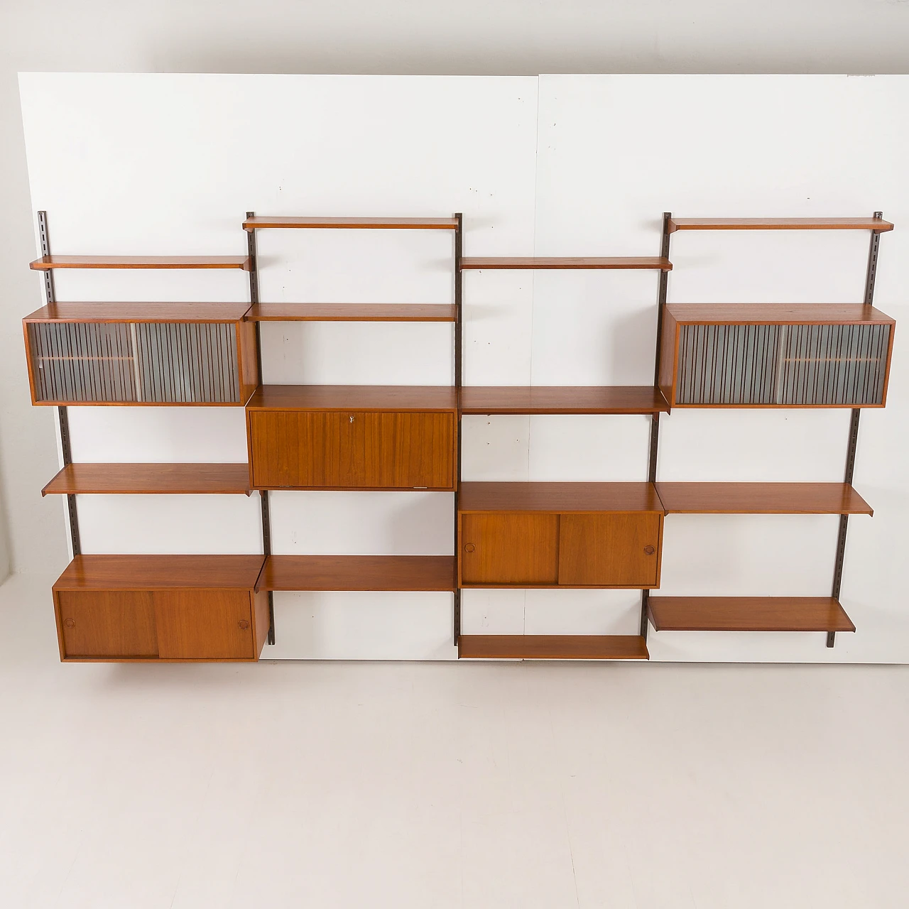 Four-bay teak wall unit by K. Kristiansen for FM Mobler, 1960s 8