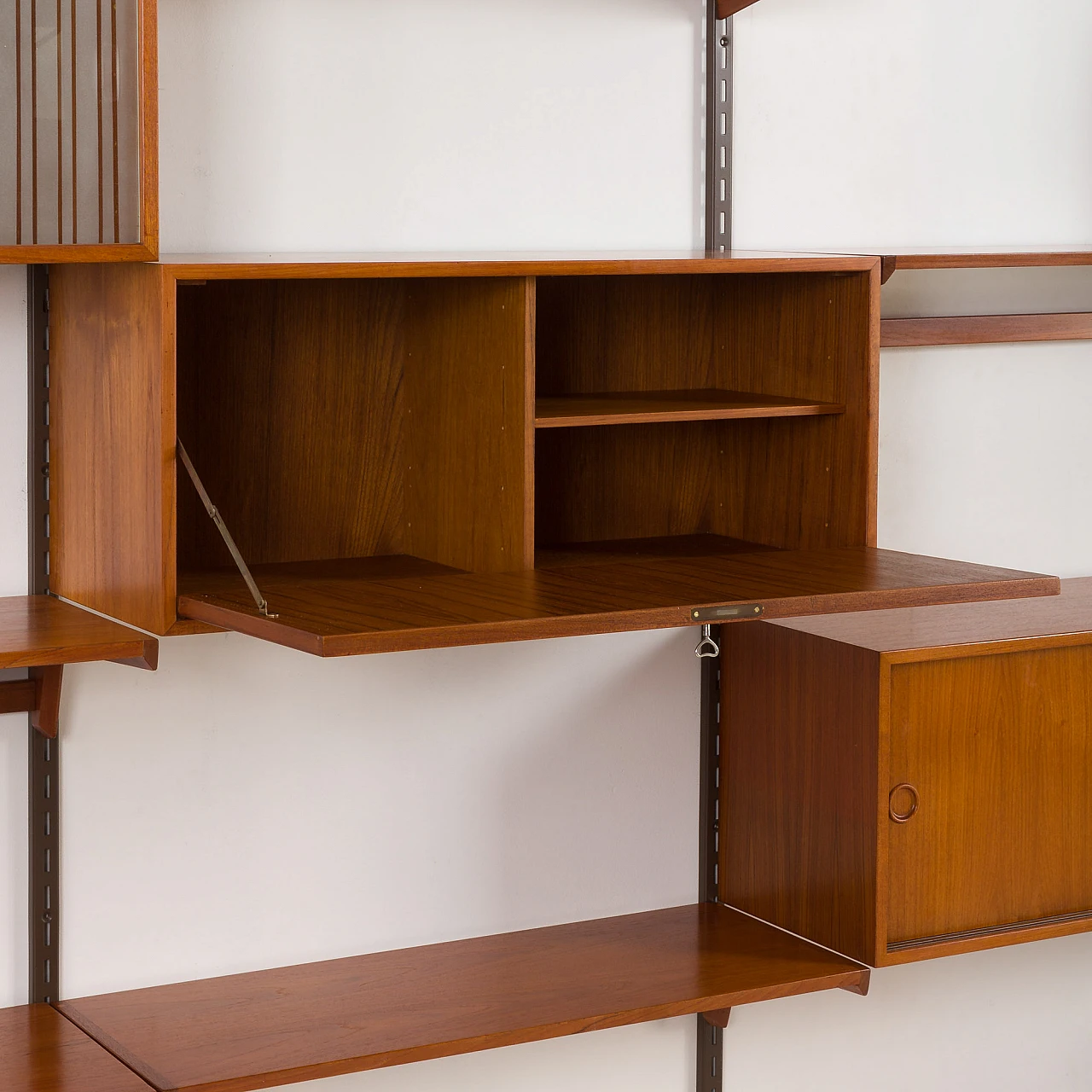 Four-bay teak wall unit by K. Kristiansen for FM Mobler, 1960s 19