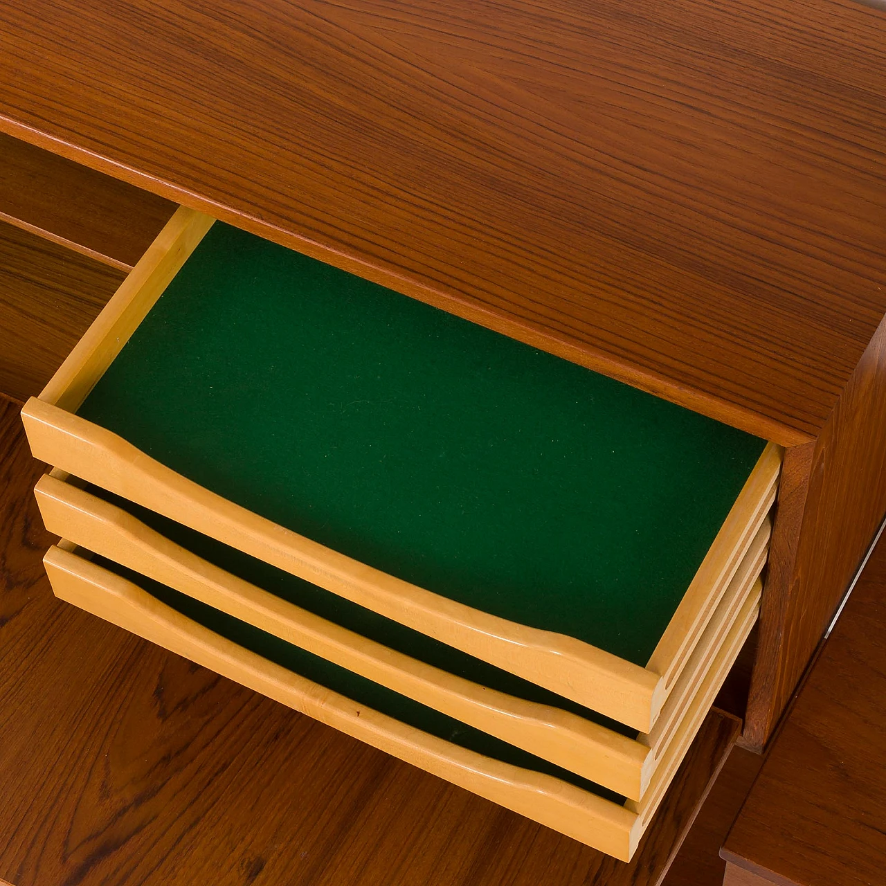 Four-bay teak wall unit by K. Kristiansen for FM Mobler, 1960s 23