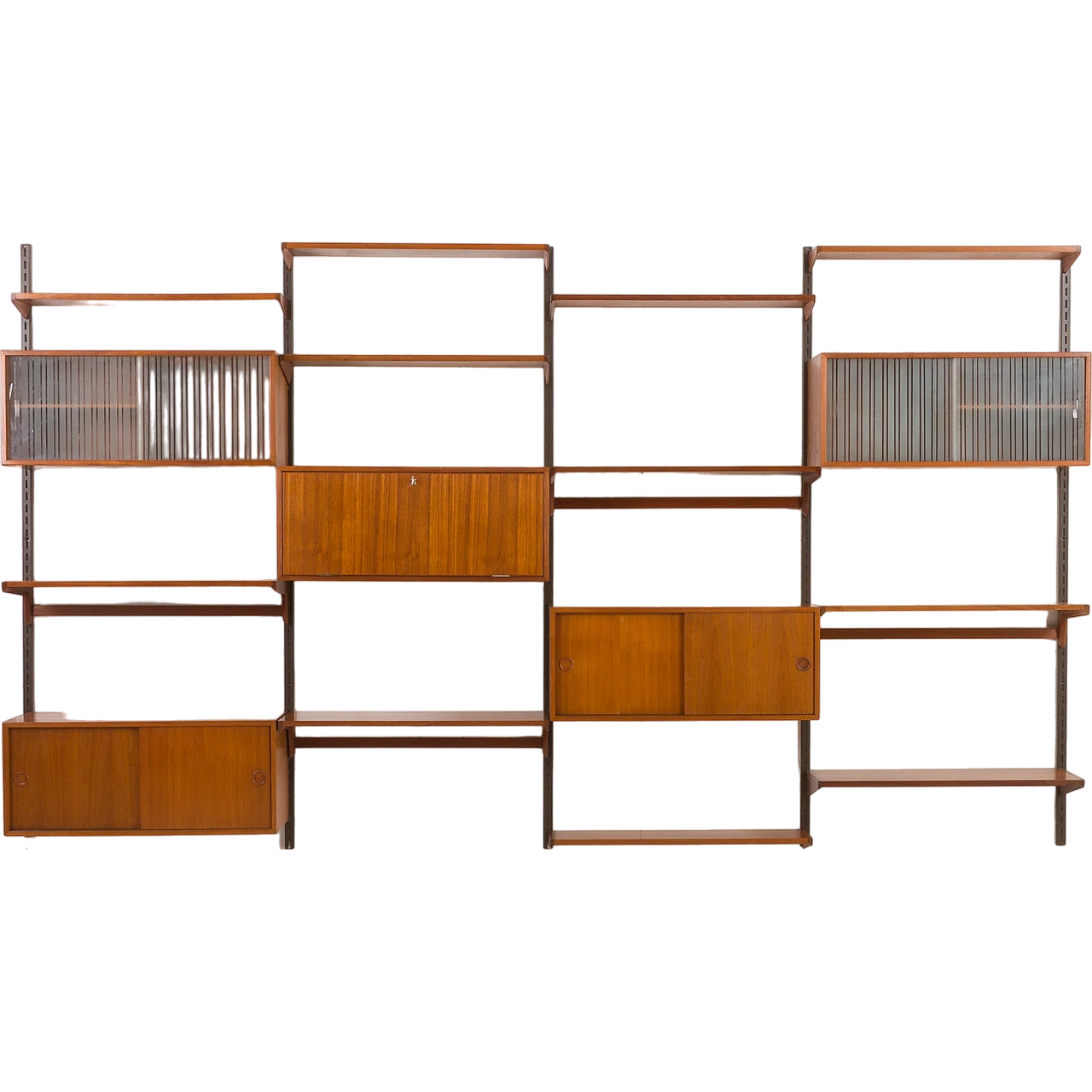 Four-bay teak wall unit by K. Kristiansen for FM Mobler, 1960s 24